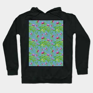 Red clovers on a dark teal background seamless pattern Hoodie